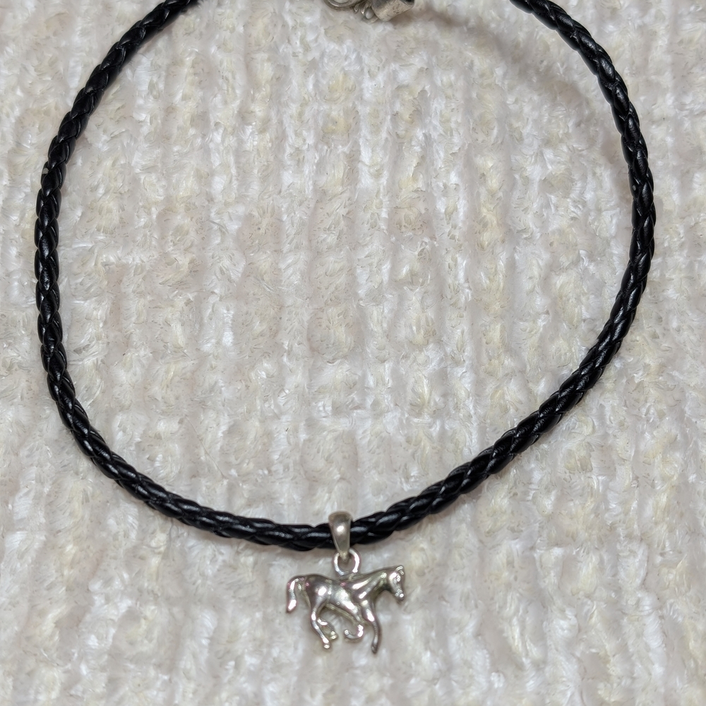 Black Braided Cord Necklace with Silver Horse Charm
